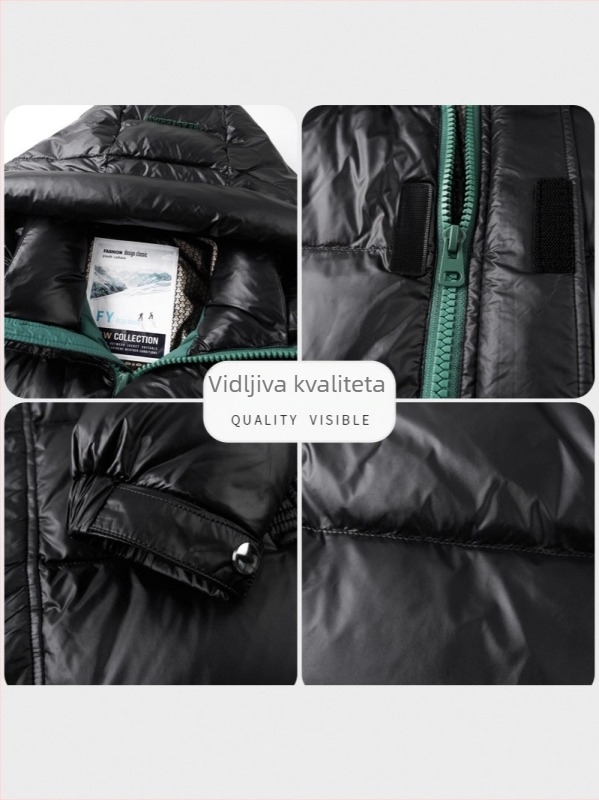 Muška zimna jakna s kapuljom, 200 g punila od perja, 86–90% udjela perja, vanjski materijal najlon, vjetrovita, debeli kroj, stojeći ovratnik