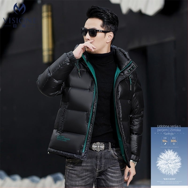 Muška zimska jakna s perjem od pačice, debela izolacija, otpornost na vjetar, stojeći ovratnik, zip, pogodna za hladnoću (-20°C do -5°C)