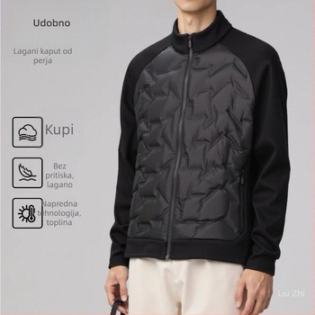 Odvojiva dvodijelna pletena patchwork jakna s perjem od pačjeg perja (86–90%), otporna na hladnoću, stojeći ovratnik, zatvarač, prilagođeni kroj, lagani poliester vanjski materijal