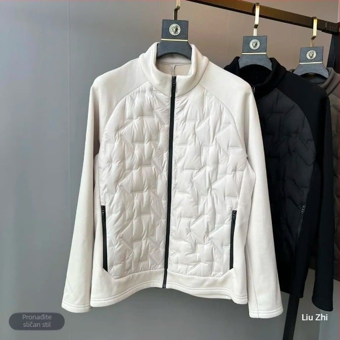 Odvojiva dvodijelna pletena patchwork jakna s perjem od pačjeg perja (86–90%), otporna na hladnoću, stojeći ovratnik, zatvarač, prilagođeni kroj, lagani poliester vanjski materijal