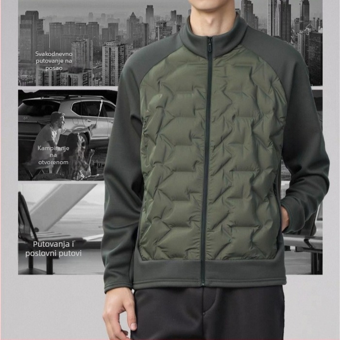 Odvojiva dvodijelna pletena patchwork jakna s perjem od pačjeg perja (86–90%), otporna na hladnoću, stojeći ovratnik, zatvarač, prilagođeni kroj, lagani poliester vanjski materijal