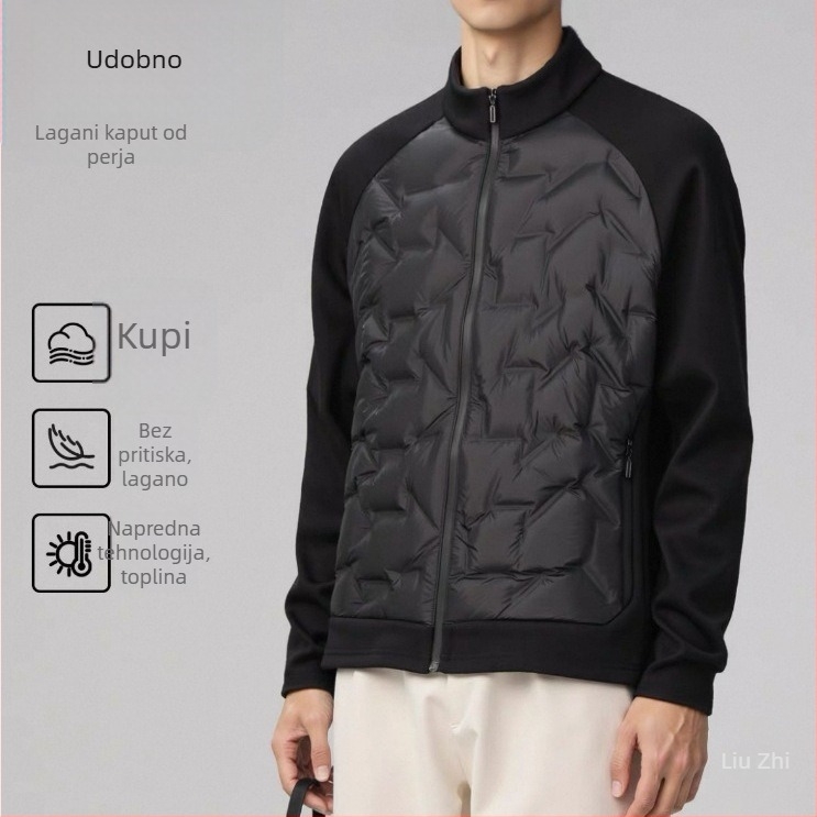 Odvojiva dvodijelna pletena patchwork jakna s perjem od pačjeg perja (86–90%), otporna na hladnoću, stojeći ovratnik, zatvarač, prilagođeni kroj, lagani poliester vanjski materijal
