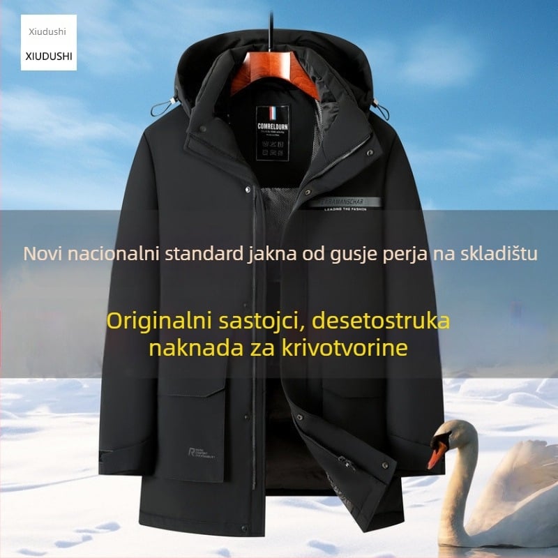 Monk muška down jakna - kapuljača, produženi kroj, vodootporan vanjski sloj od najlona, bijeli gusji per 71-75%, zaštita od -5°C do 0°C