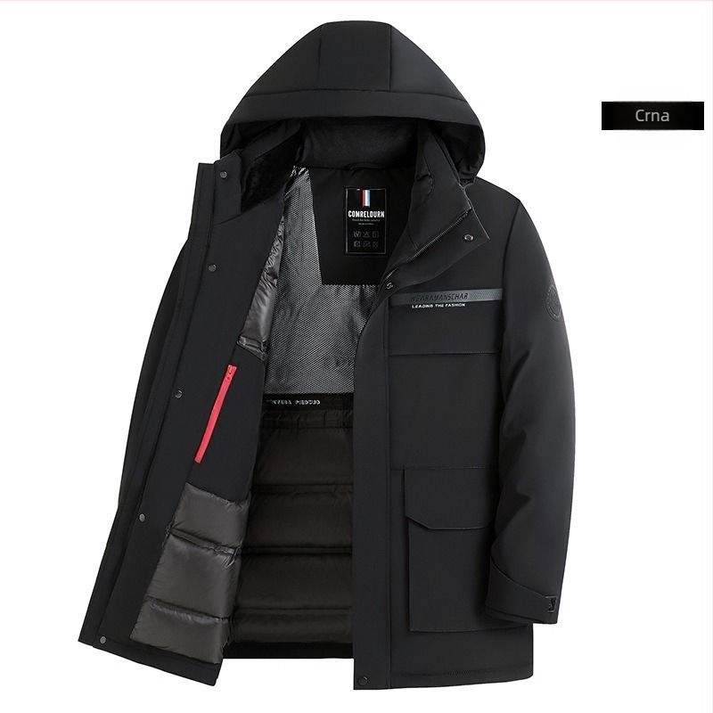 Monk muška down jakna - kapuljača, produženi kroj, vodootporan vanjski sloj od najlona, bijeli gusji per 71-75%, zaštita od -5°C do 0°C