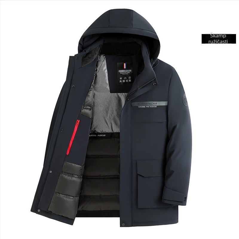 Monk muška down jakna - kapuljača, produženi kroj, vodootporan vanjski sloj od najlona, bijeli gusji per 71-75%, zaštita od -5°C do 0°C