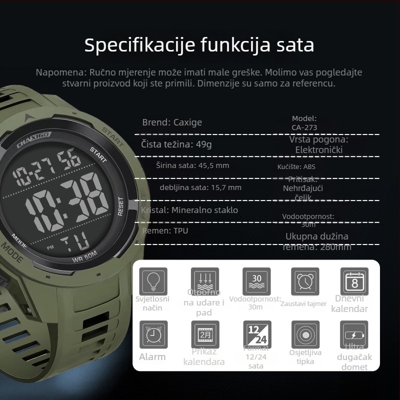 Chaxigo digitalni sat za učenike – svjetleći brojčani prikaz, vodootporan do 30 m, elektronički mehanizam, sat s alarmom