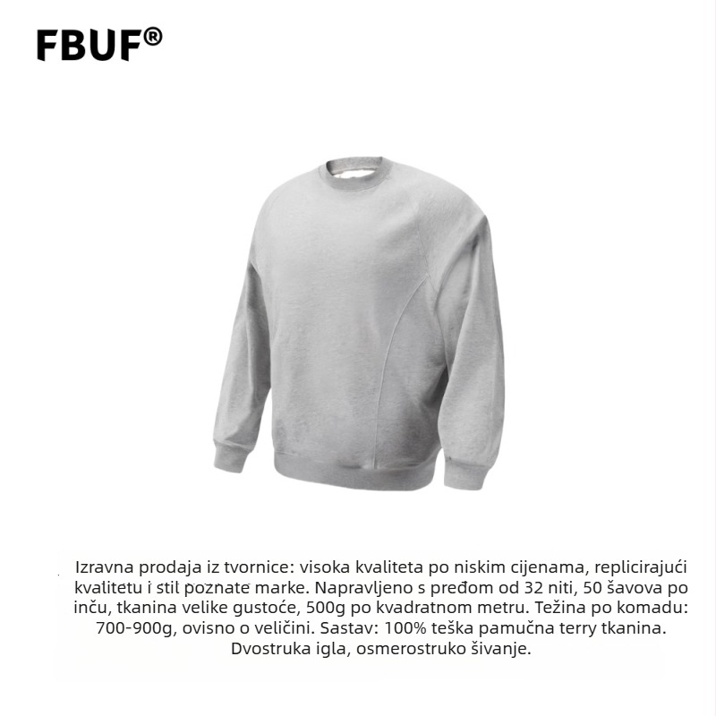 FBUF debeli pamukasti sweatshirt s boxy krojem, stojeći ovratnik, dugi rukav, patch detalji, 96%+ pamuk, tkanina 500G, za proljeće i jesen