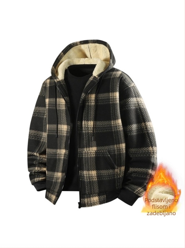 Muška jakna s kapuljom, fleece podstava, debeli karirani uzorak, zimska vanjska jakna