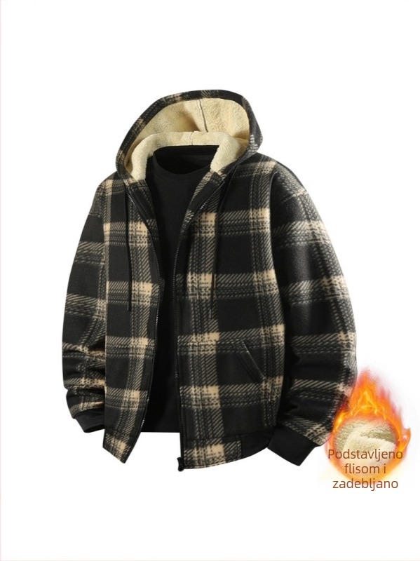 Muška jakna s kapuljom, fleece podstava, debeli karirani uzorak, zimska vanjska jakna