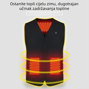 Električni grijani prsluk, flis podstava, uski kroj, poliester, V-izrez sa zatvaračem, bez kapucije, džepovi s patch aplikacijama