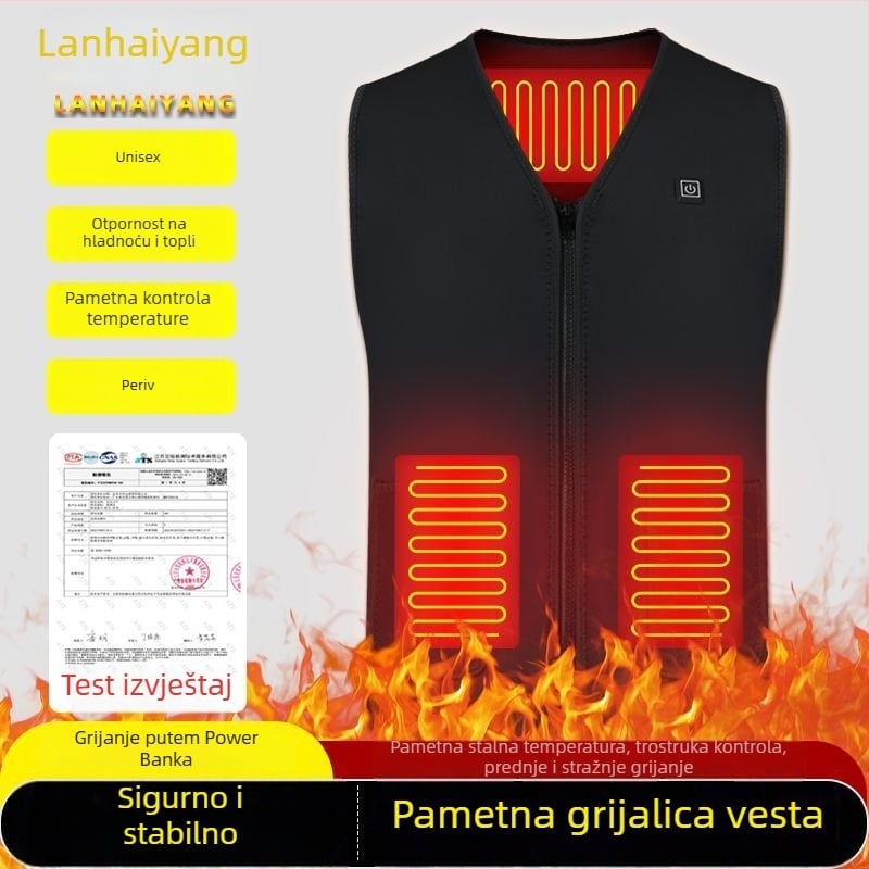 Električni grijani prsluk, flis podstava, uski kroj, poliester, V-izrez sa zatvaračem, bez kapucije, džepovi s patch aplikacijama