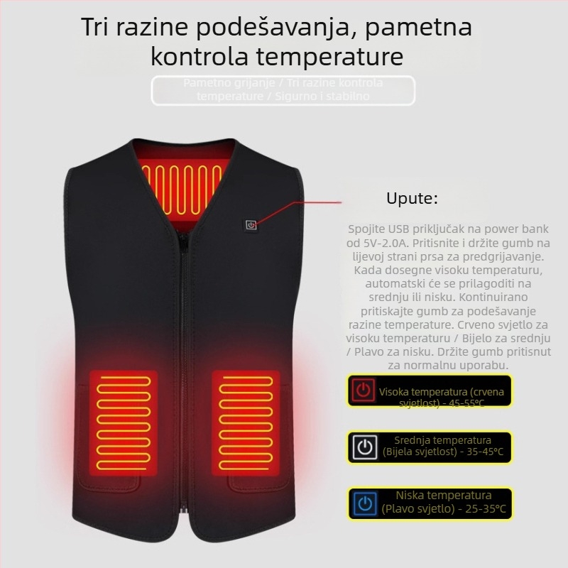 Električni grijani prsluk, flis podstava, uski kroj, poliester, V-izrez sa zatvaračem, bez kapucije, džepovi s patch aplikacijama