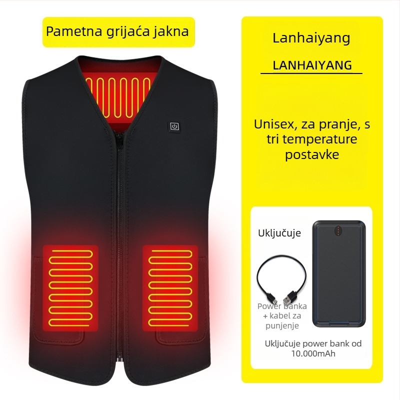 Električni grijani prsluk, flis podstava, uski kroj, poliester, V-izrez sa zatvaračem, bez kapucije, džepovi s patch aplikacijama