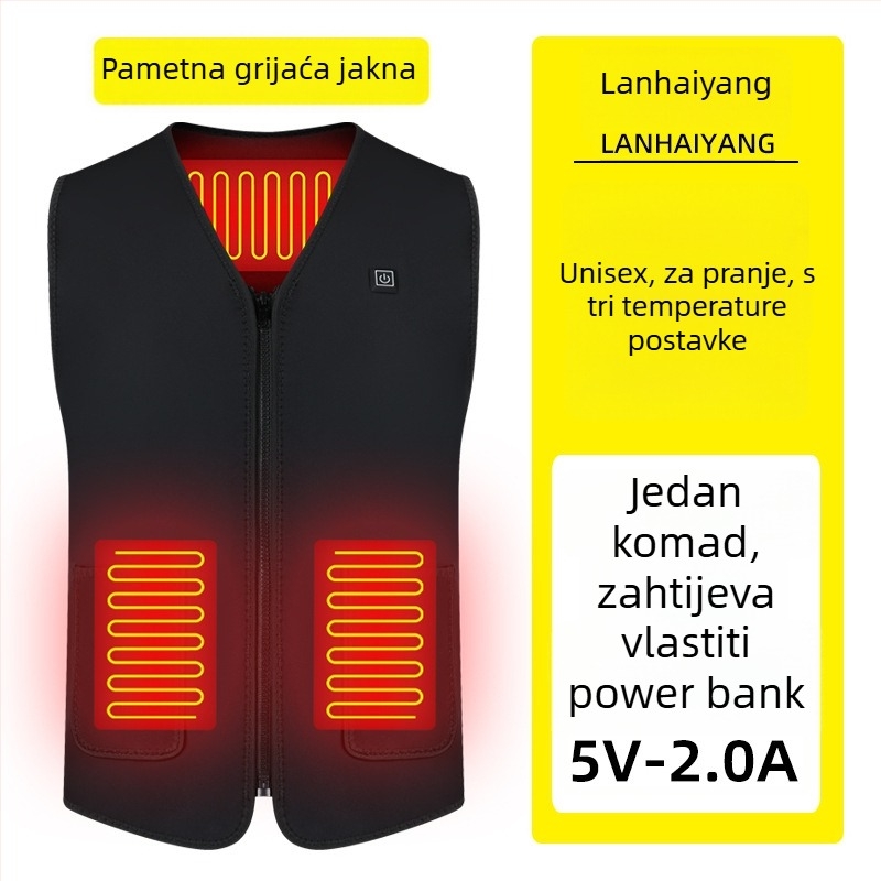 Električni grijani prsluk, flis podstava, uski kroj, poliester, V-izrez sa zatvaračem, bez kapucije, džepovi s patch aplikacijama