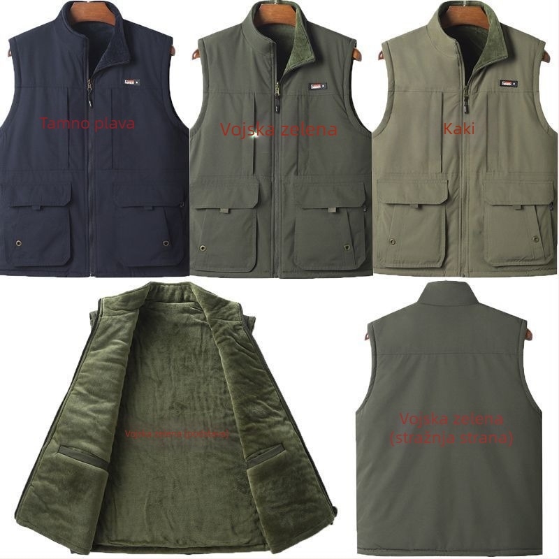 Muška vesta s fleksom i kapuljom, stojeći ovratnik, zatvarač, jednobojna, slim fit, radni stil
