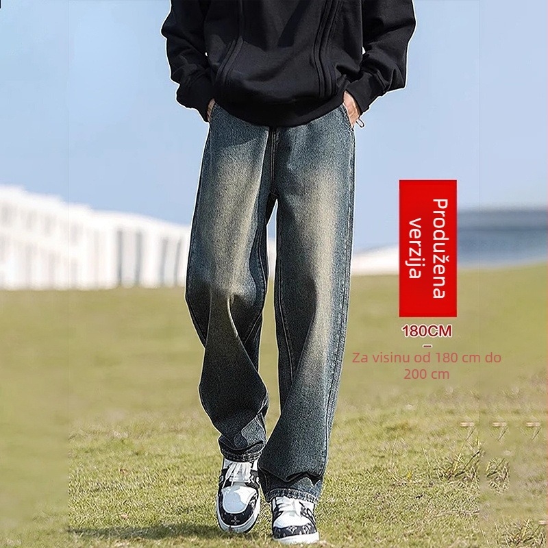 Muške traperice s flisom, duge za visinu 190 cm, jesen-zima, japanski retro stil, ravnog kroja.
