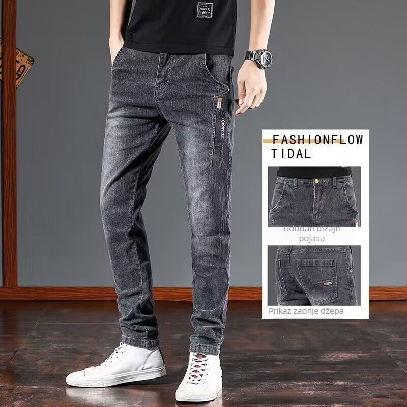 Muške traperice s fleecem, ravni kroj, srednji struk, zip zatvarač, poliester denim