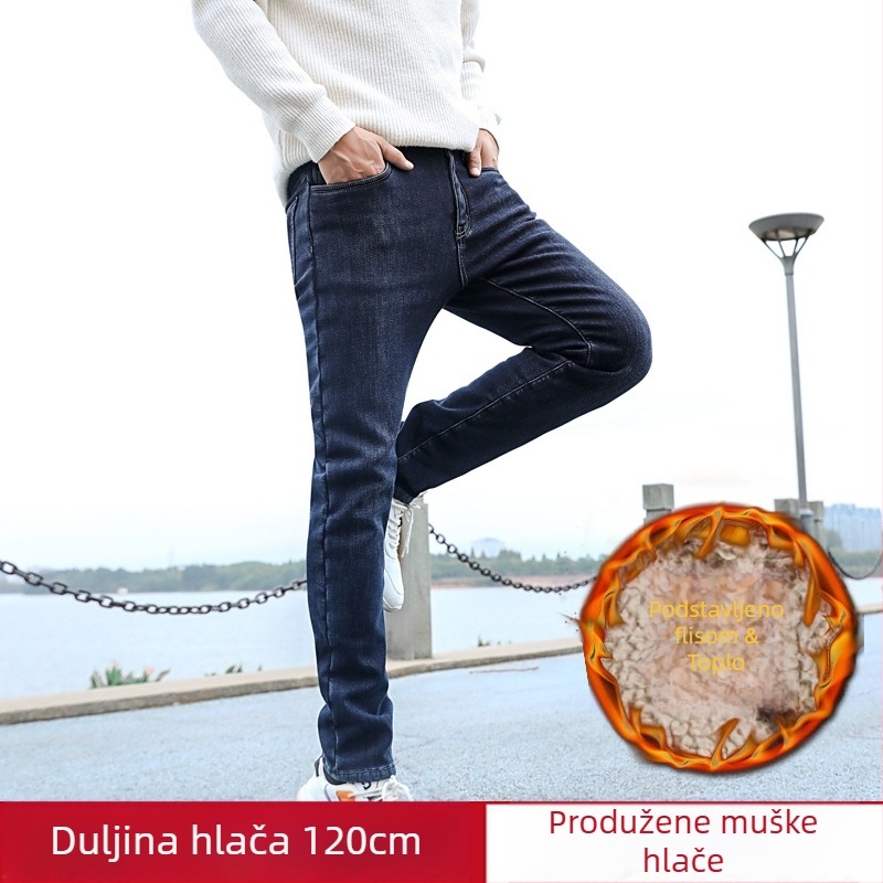 Muške produžene traperice s visokim pojasom, ravni kroj, elastične, fleece podstavom, denim, za visoke muškarce