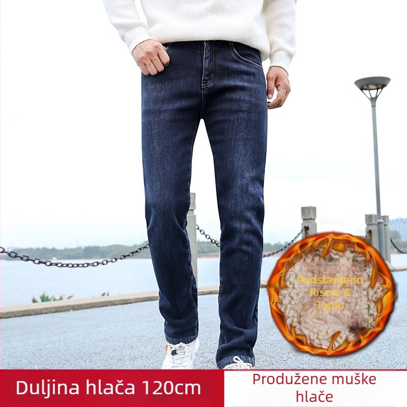 Muške produžene traperice s visokim pojasom, ravni kroj, elastične, fleece podstavom, denim, za visoke muškarce