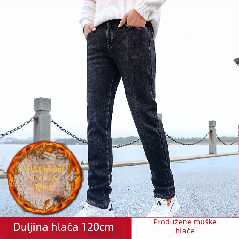 Muške produžene traperice s visokim pojasom, ravni kroj, elastične, fleece podstavom, denim, za visoke muškarce