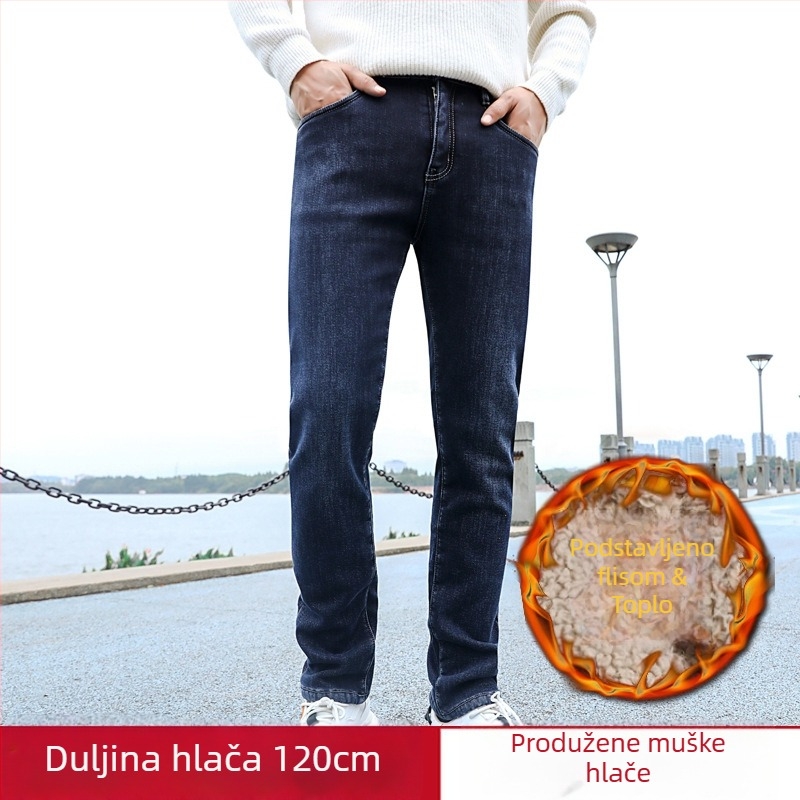 Muške produžene traperice s visokim pojasom, ravni kroj, elastične, fleece podstavom, denim, za visoke muškarce