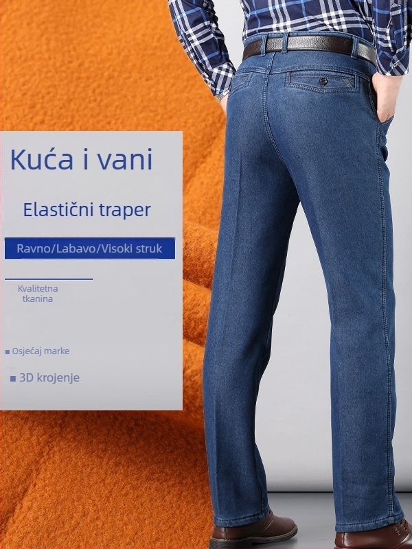 Muške traperice s toplom flis podstavom za zimu, visok pojas, ravni kroj, za muškarce srednje dobi i starije