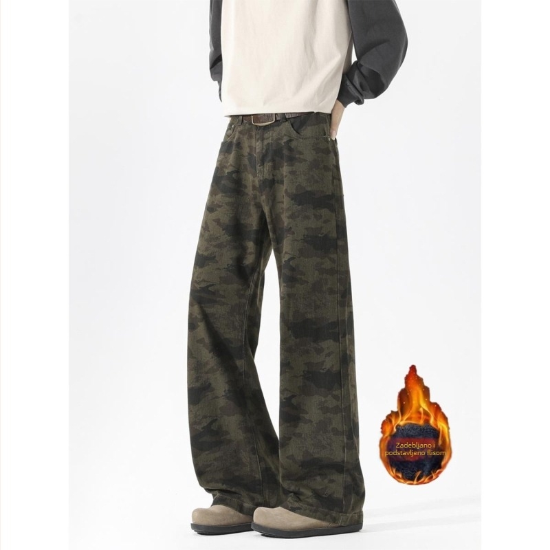 Muške traperice s camouflage uzorkom u američkom street stilu, s fleece-om za zimu, ležerno straight krojenje, svakodnevne hlače