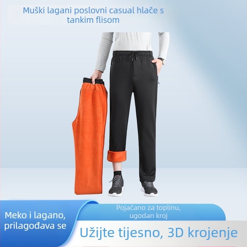 Muške hlače s flis podstavom, ravni kroj, jesen-zima 2025, srednji pojas, mikroelastične, za slobodno vrijeme i poslovni casual
