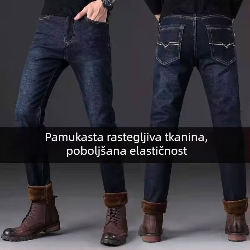 Muške traperice s fleec podstavom, uski kroj, srednji pojas i zatvaranje vezicama