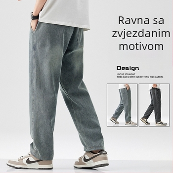 Muške zimske traperice s flisom — minimalistički ravni kroj, slobodnija silueta, srednji pojas, vezanje na vrpcu