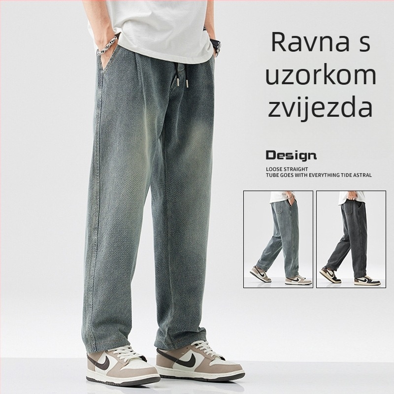 Muške zimske traperice s flisom — minimalistički ravni kroj, slobodnija silueta, srednji pojas, vezanje na vrpcu