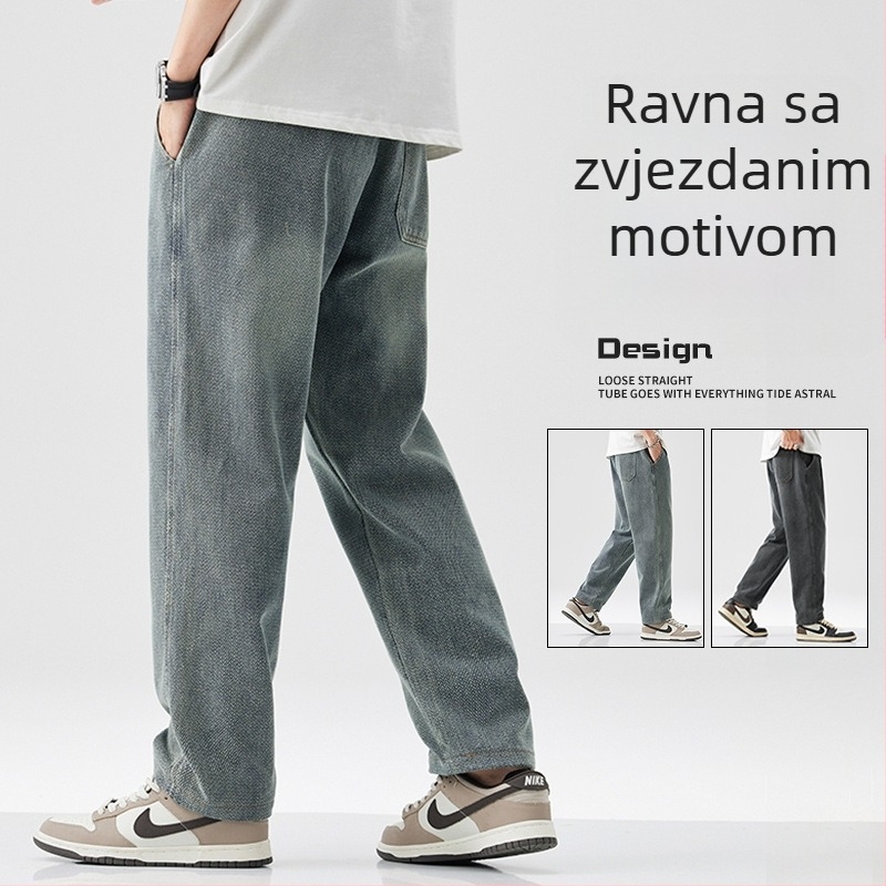 Muške zimske traperice s flisom — minimalistički ravni kroj, slobodnija silueta, srednji pojas, vezanje na vrpcu