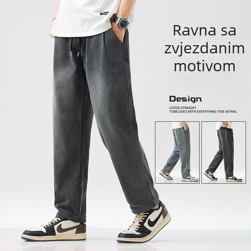 Muške zimske traperice s flisom — minimalistički ravni kroj, slobodnija silueta, srednji pojas, vezanje na vrpcu