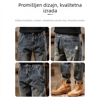 Muške traperice u američkom stilu s fleec podstavom, teški denim, 2024 jesen-zima kolekcija, ravni kroj, opuštena silueta.