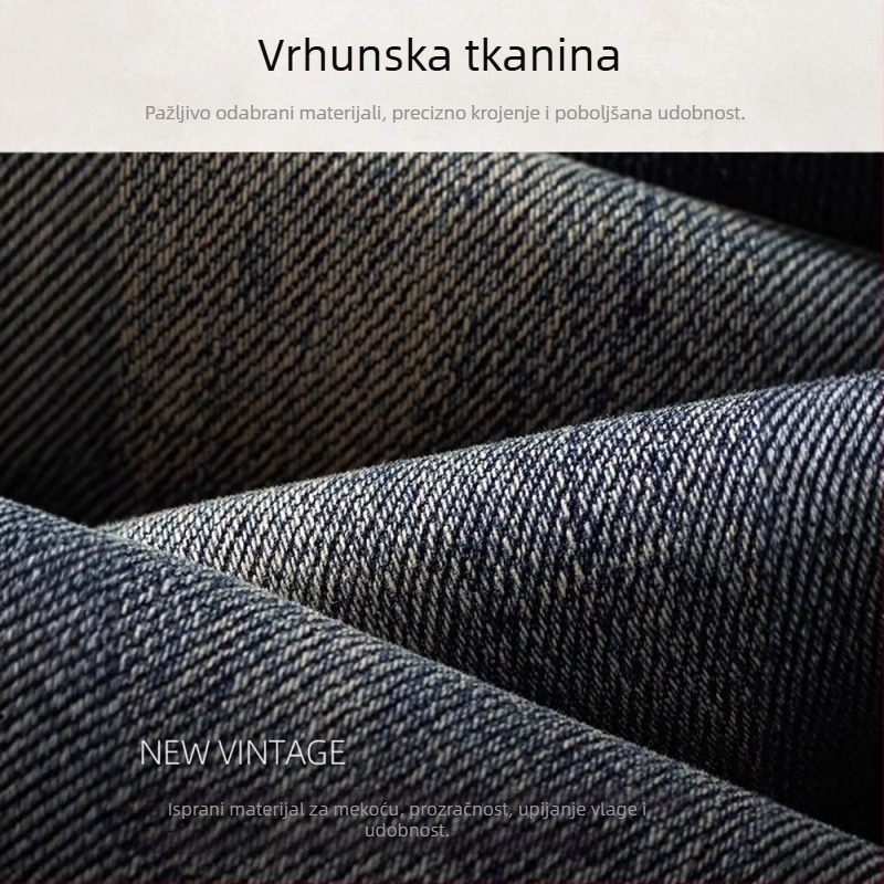 Muške traperice u američkom stilu s fleec podstavom, teški denim, 2024 jesen-zima kolekcija, ravni kroj, opuštena silueta.