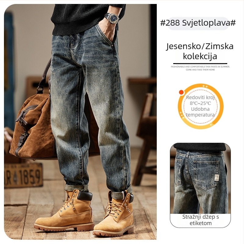 Muške traperice u američkom stilu s fleec podstavom, teški denim, 2024 jesen-zima kolekcija, ravni kroj, opuštena silueta.