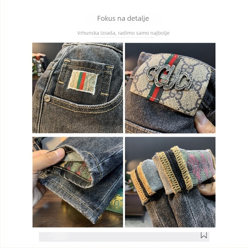 Muške traperice u korejskom stilu, s printom, uski kroj, denim, 80% pamuk
