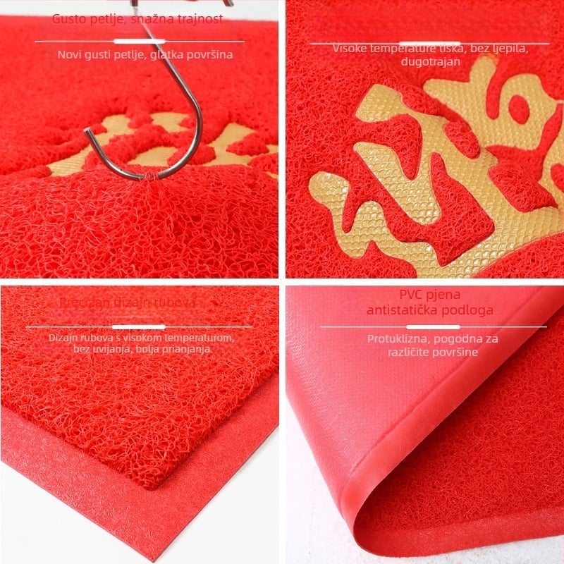 Ulazna podloga PVC; pravokutni oblik; izrada od pjene i svilenog kruga; pogodno za ulaz, balkon i komercijalne prostore; moderan minimalistički stil.