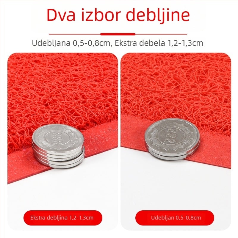 Ulazna podloga PVC; pravokutni oblik; izrada od pjene i svilenog kruga; pogodno za ulaz, balkon i komercijalne prostore; moderan minimalistički stil.