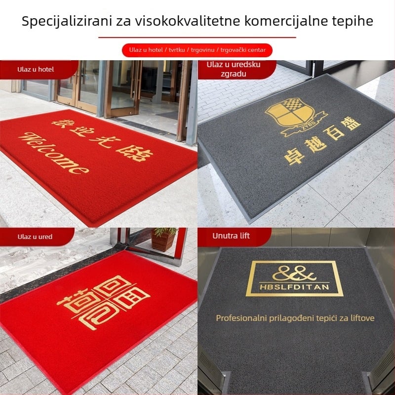 Ulazna podloga PVC; pravokutni oblik; izrada od pjene i svilenog kruga; pogodno za ulaz, balkon i komercijalne prostore; moderan minimalistički stil.