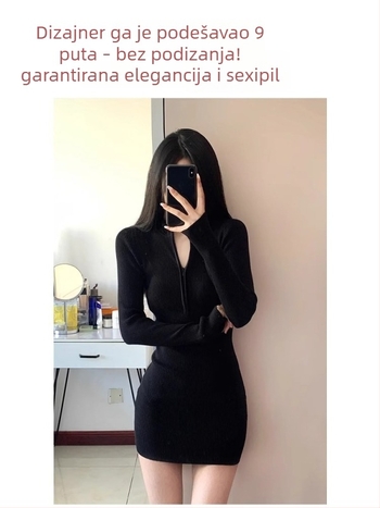 Uska pletena haljina s dugim rukavima, visoki struk, poluturtleneck ovratnik, zatvarač, pamuk-elastan mješavina