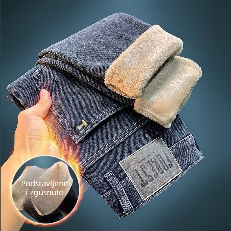 Muške traperice s fleece unutrašnjom podstavom, ravne krojenje, srednji pojas, zip zatvarač, džepovi s detaljima