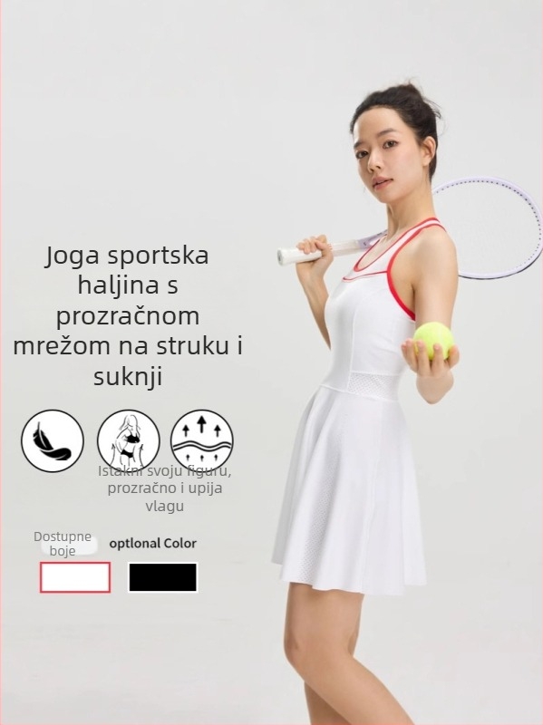 Ženska haljina od pletenog materijala, bez rukava, s U-izrezom i plisiranom suknjom, midi duljina.