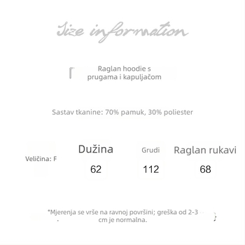 Ženski pamukasti džemper s kapuljom, raglan rukavima, prugast uzorak, slobodan kroj