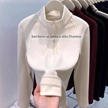 Pulover s polu-zipom i stojećim ovratnikom, dvostruki velur, dugi rukavi; poliester/elastan (90-95% poliester, 30-50% elastan); standardna kroj