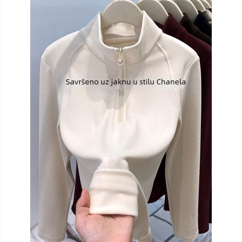 Pulover s polu-zipom i stojećim ovratnikom, dvostruki velur, dugi rukavi; poliester/elastan (90-95% poliester, 30-50% elastan); standardna kroj