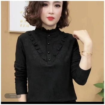 Ženski top s dugim rukavima od brušenog flisa, stojeći ovratnik, poliester, jednobojan, slobodan kroj