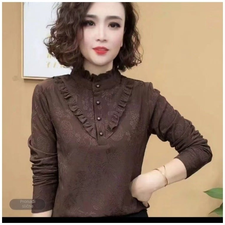 Ženski top s dugim rukavima od brušenog flisa, stojeći ovratnik, poliester, jednobojan, slobodan kroj