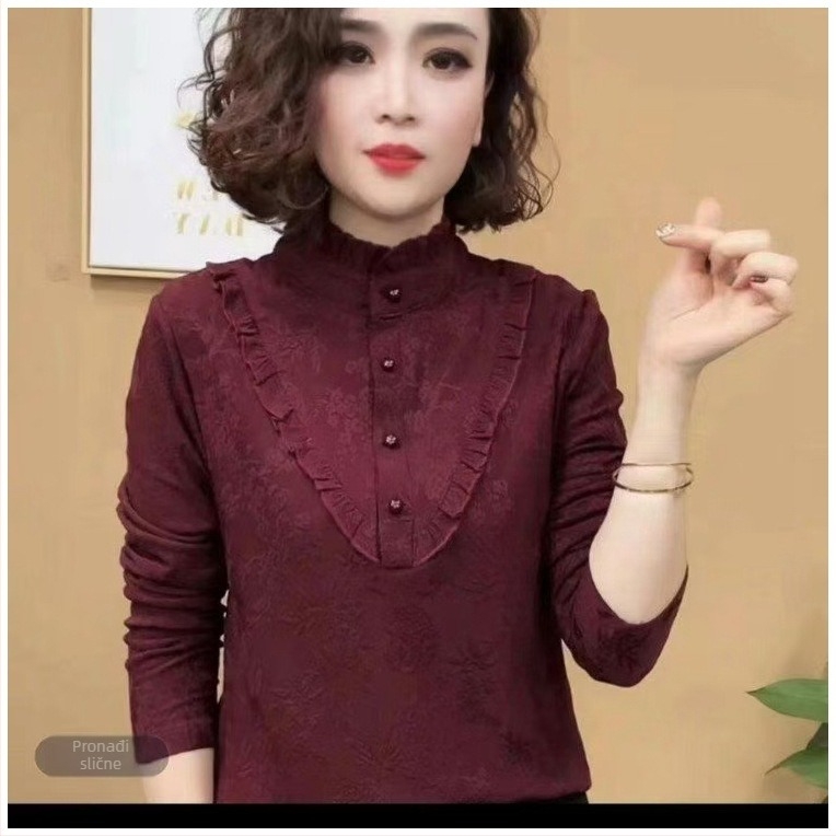 Ženski top s dugim rukavima od brušenog flisa, stojeći ovratnik, poliester, jednobojan, slobodan kroj