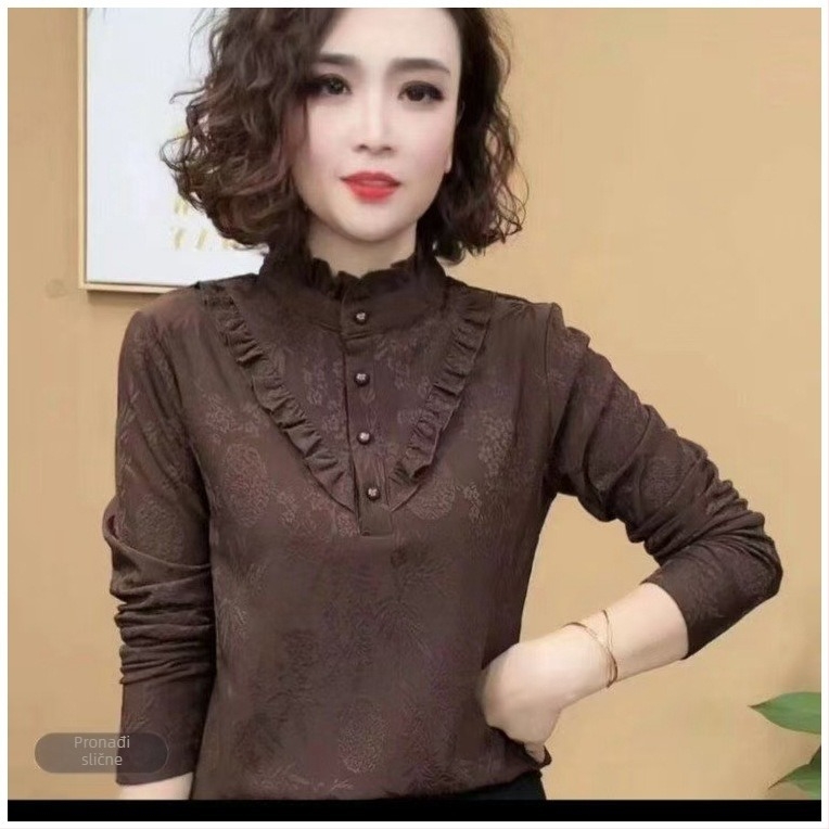 Ženski top s dugim rukavima od brušenog flisa, stojeći ovratnik, poliester, jednobojan, slobodan kroj